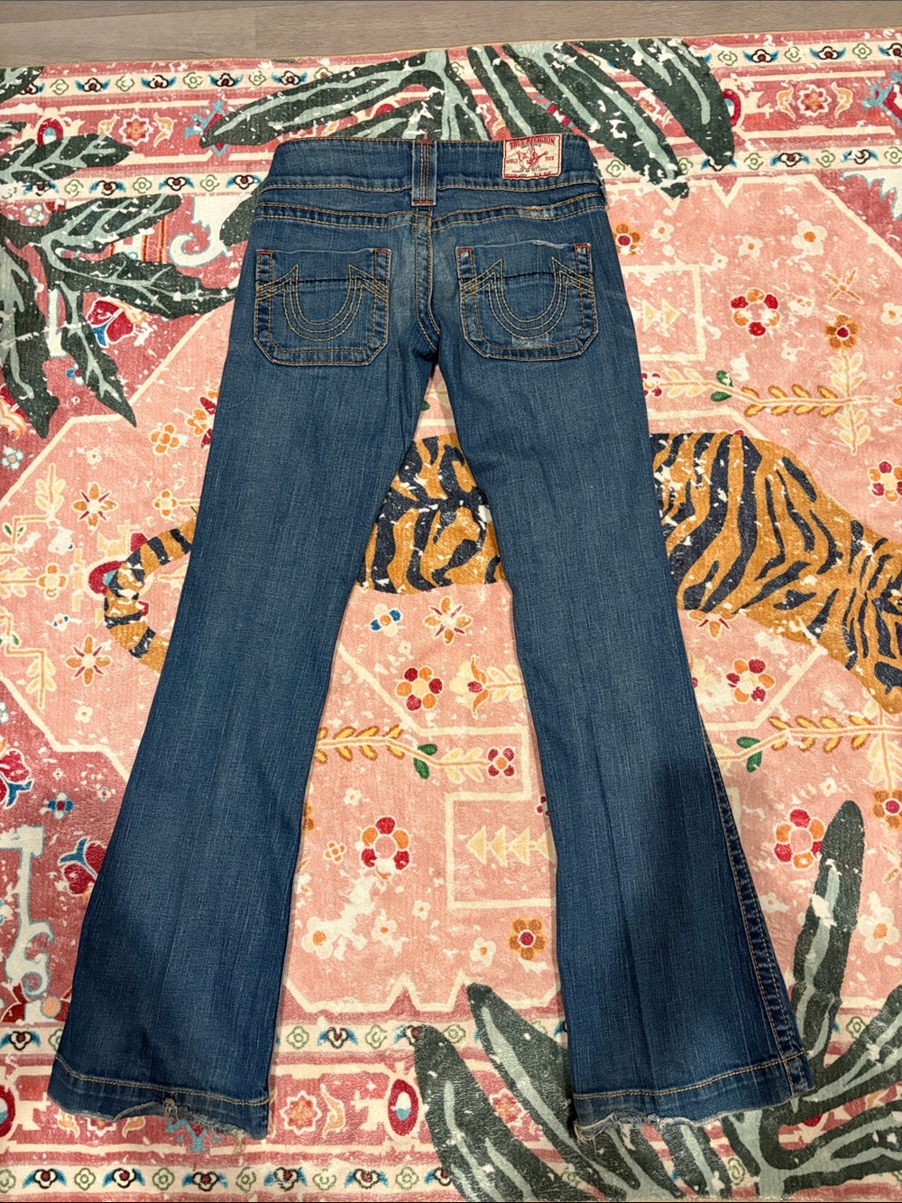 True Religion Distressed Low-Rise Dark Blue Flare Jeans - Picture 3 of 7